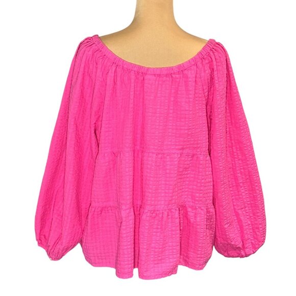 Old Navy Tiered Flowy Top Sz.XL Hot Pink Seersucker V-Neck Coquette Dopamine - Picture 3 of 10